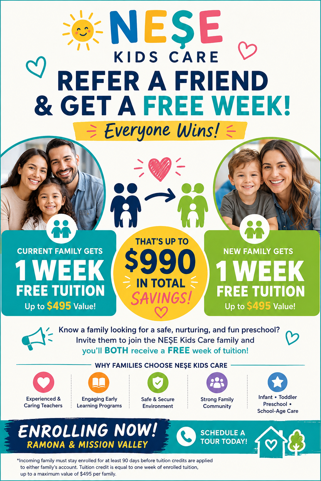 Refer a friend and get a free week of tuition — Nese Kids Care referral program flyer