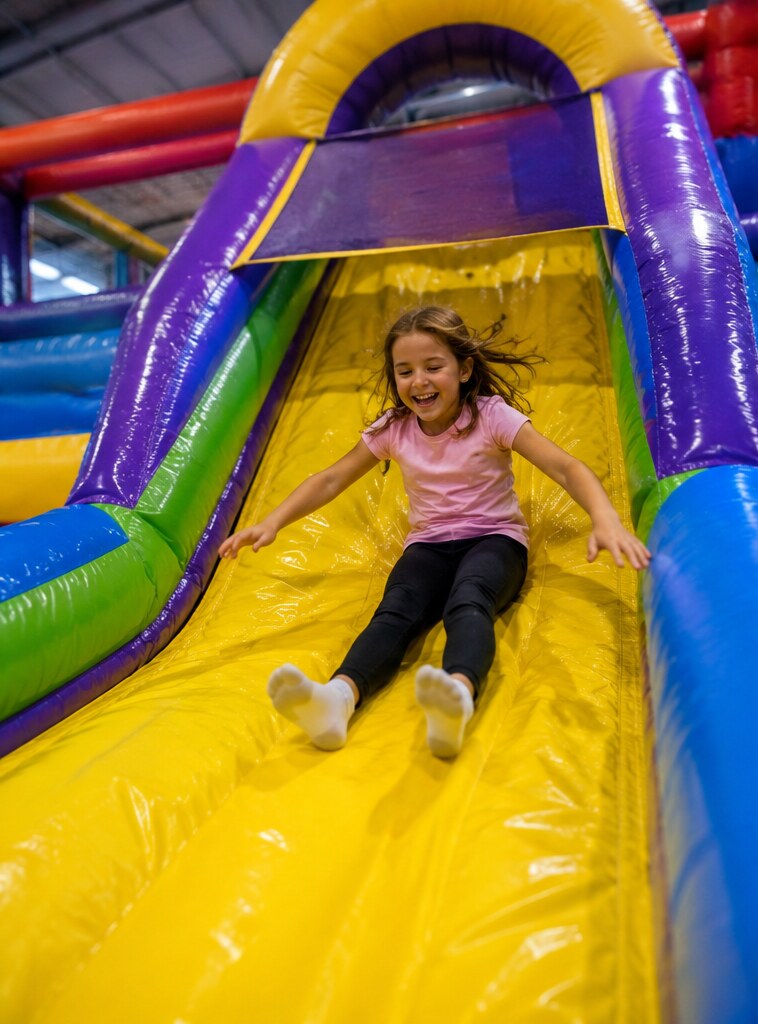 Child sliding down the inflatable slide at NKC Family Fun Park
