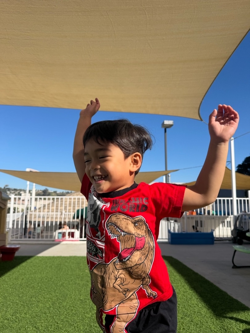 A young child wearing a red T-shirt with a dinosaur graphic joyfully raises both arms while playing outdoors on artificial grass under sunshades, with a playground and blue sky in the background.