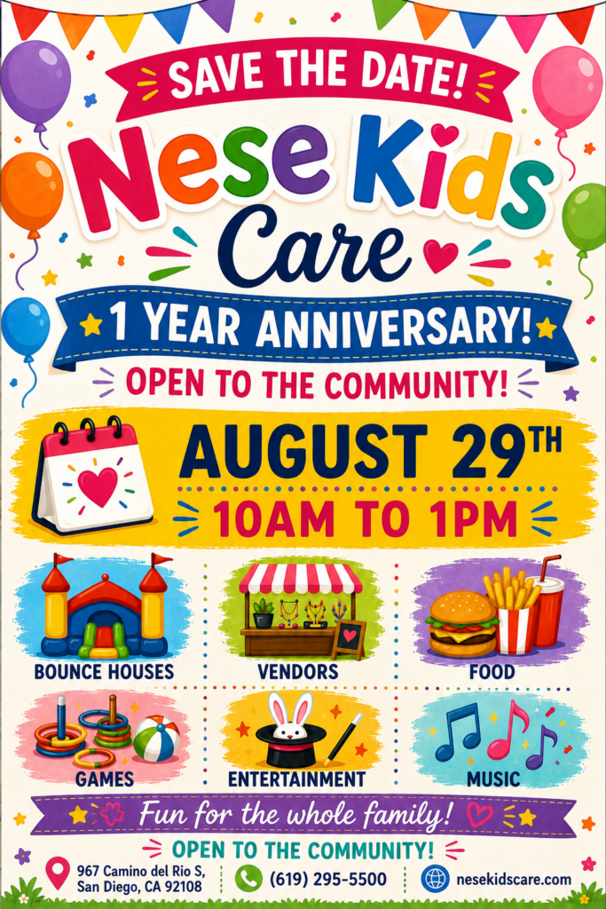 Colorful flyer for Nese Kids Cares 1-year anniversary on August 29th, 10 AM–1 PM, with bounce houses, food, games, music, and entertainment. Event is open to the community and for all ages.